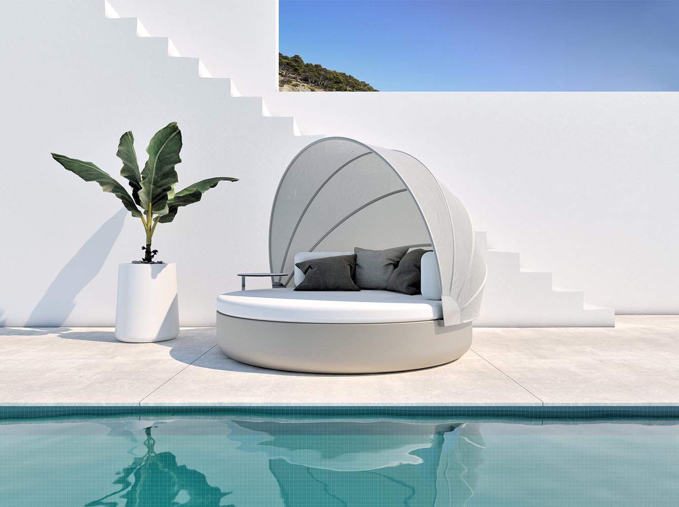 ULM Daybed Ø180 Redondo + Capota con Respaldo Reclinable para exterior | VONDOM. Daybed de diseño moderno para jardín o terraza. Dimensiones: Ø194x147 Diseñado por Ramón Esteve. Fabricado en rotomoldeo de resina de polietileno de alta resistencia reforzada con fibra de vidrio y tratamiento UV.